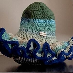 Blue/Multicolor Crochet Hat with Ruffled Brim